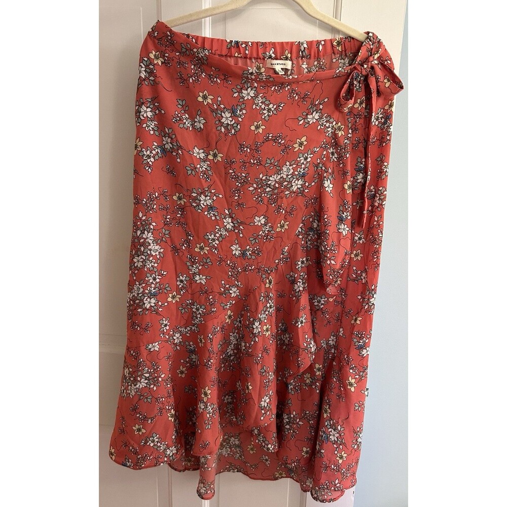 Max Studio Floral Midi Skirt Tie Closure Coral Flared High-Lo Size L